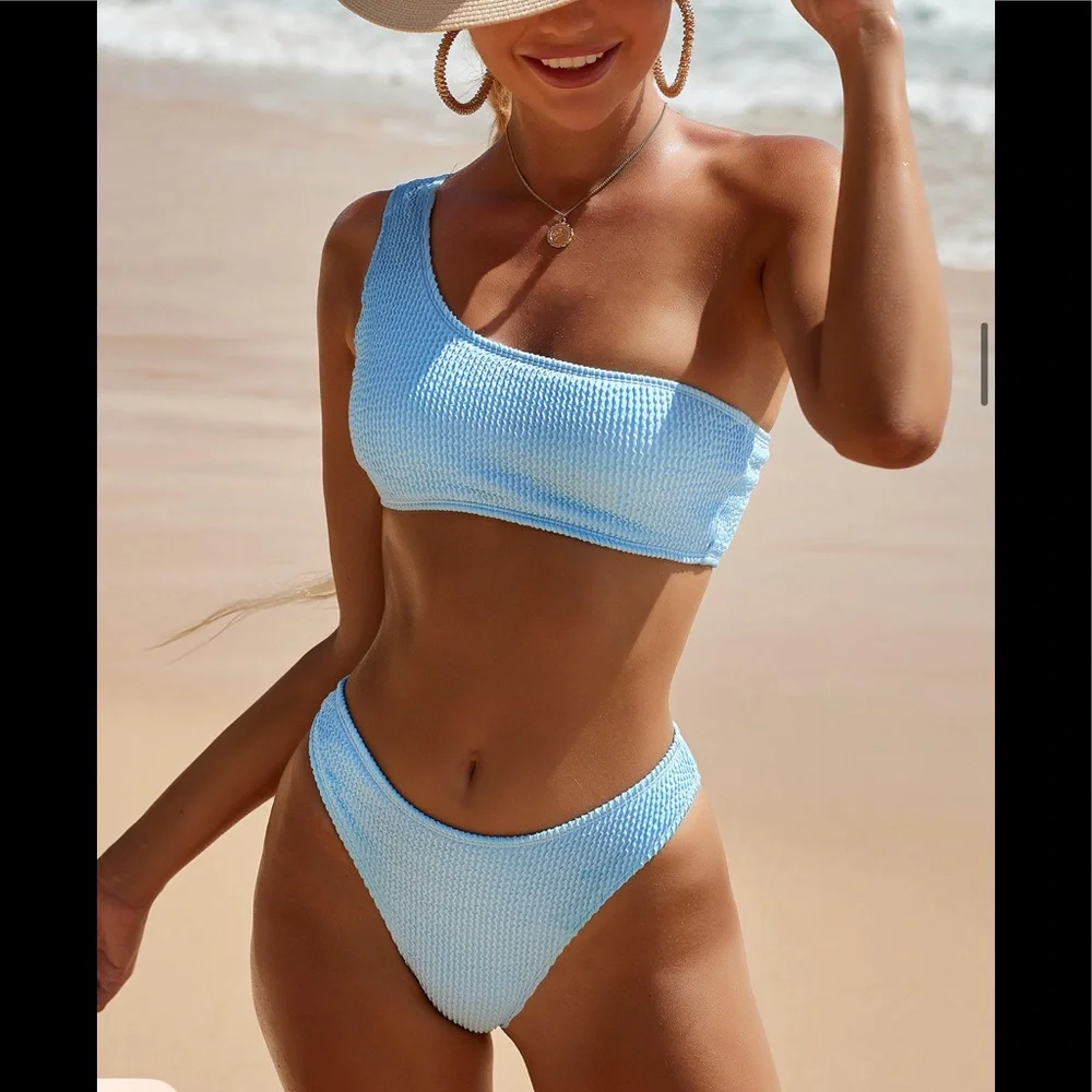 (Last 1) One shoulder two piece high waist bikini swimsuit. - Picture 4 of 8